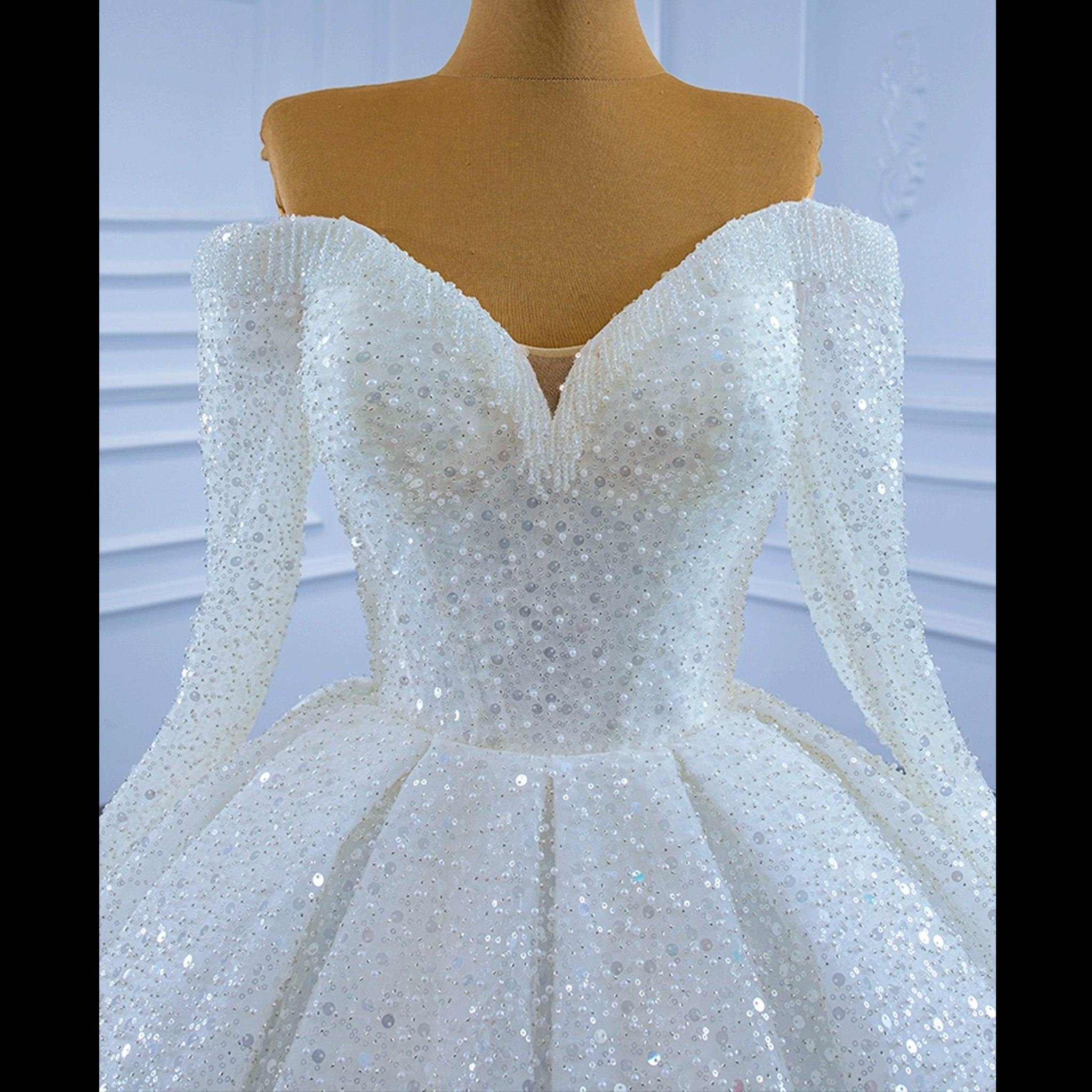 Luxury Beaded Sparkly Wedding Dress with Off the Shoulder Long Sleeve - Rosymae