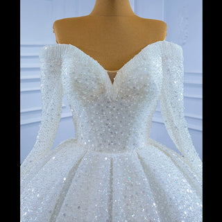 Luxury Beaded Sparkly Wedding Dress with Off the Shoulder Long Sleeve - Rosymae