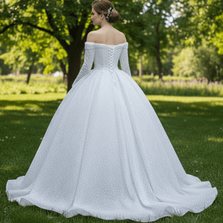 Luxury Beaded Sparkly Wedding Dress with Off the Shoulder Long Sleeve - Rosymae