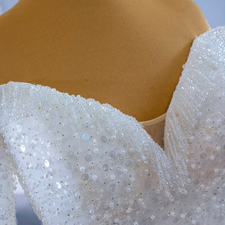 Luxury Beaded Sparkly Wedding Dress with Off the Shoulder Long Sleeve - Rosymae