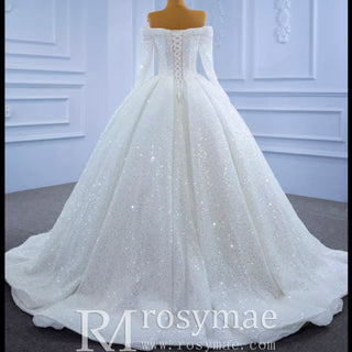 Luxury Beaded Sparkly Wedding Dress with Off the Shoulder Long Sleeve - Rosymae