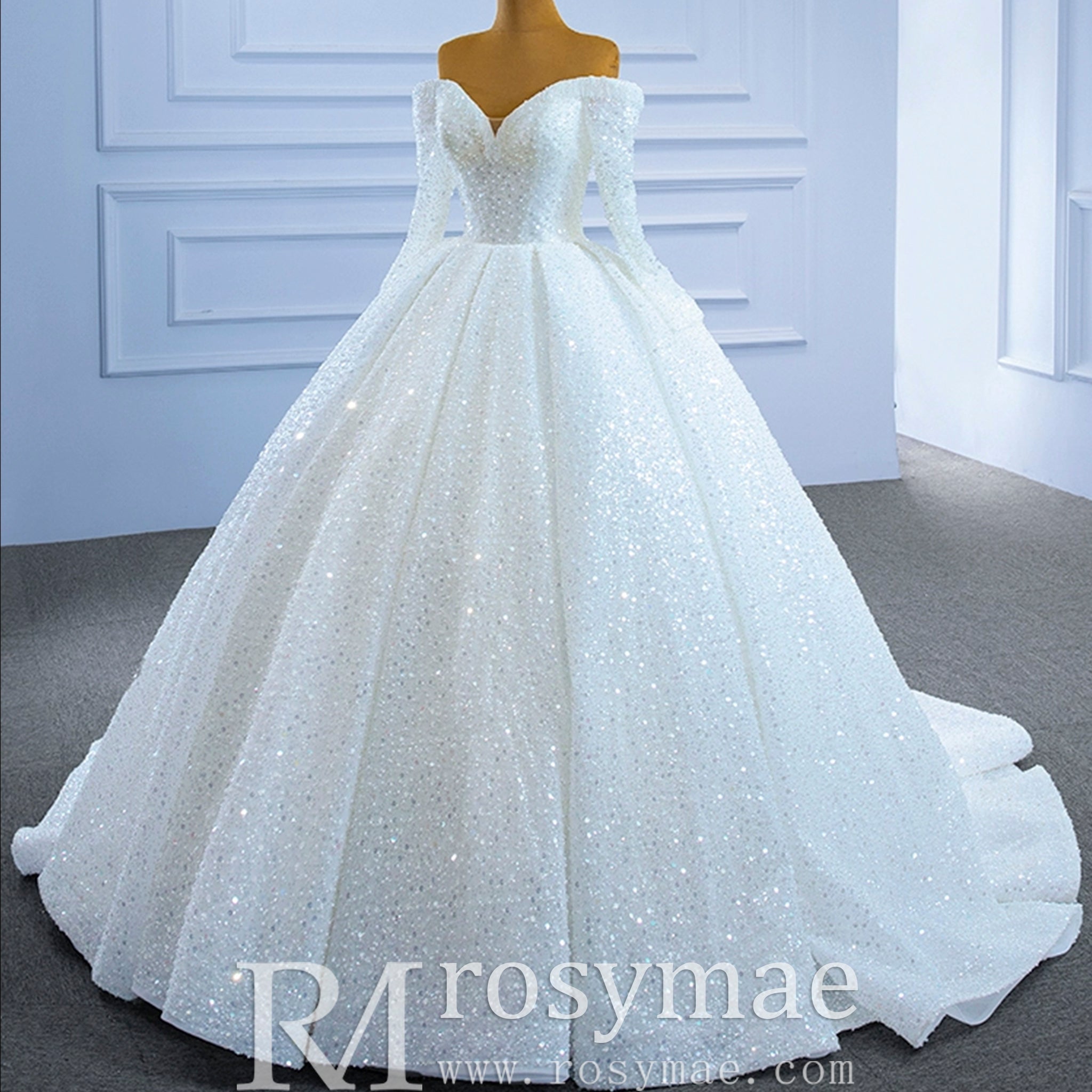 Luxury Beaded Sparkly Wedding Dress with Off the Shoulder Long Sleeve - Rosymae