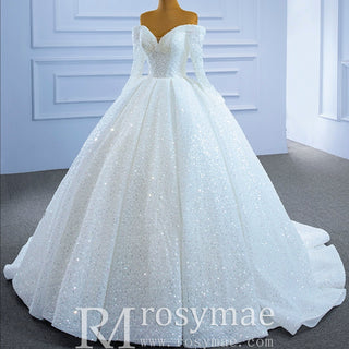 Luxury Beaded Sparkly Wedding Dress with Off the Shoulder Long Sleeve - Rosymae