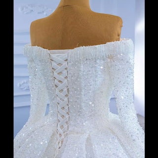Luxury Beaded Sparkly Wedding Dress with Off the Shoulder Long Sleeve - Rosymae