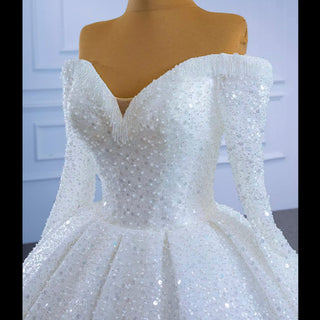 Luxury Beaded Sparkly Wedding Dress with Off the Shoulder Long Sleeve - Rosymae