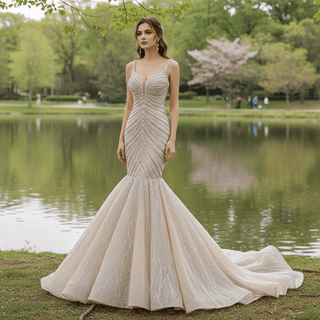 Luxury Beaded Trumpet Wedding Dresswith Spaghetti Strap Formal Gown - Rosymae