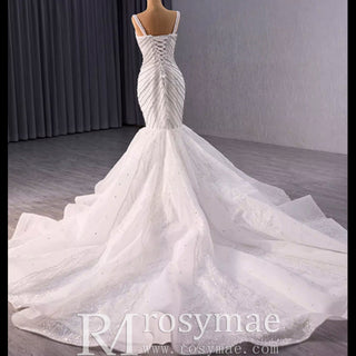 Luxury Beaded Trumpet Wedding Dresswith Spaghetti Strap Formal Gown - Rosymae