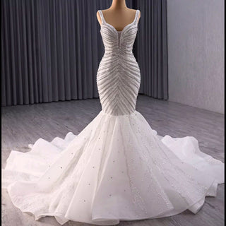 Luxury Beaded Trumpet Wedding Dresswith Spaghetti Strap Formal Gown - Rosymae
