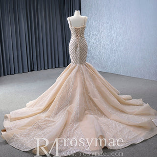 Luxury Beaded Trumpet Wedding Dresswith Spaghetti Strap Formal Gown - Rosymae