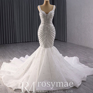 Luxury Beaded Trumpet Wedding Dresswith Spaghetti Strap Formal Gown - Rosymae