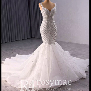 Luxury Beaded Trumpet Wedding Dresswith Spaghetti Strap Formal Gown - Rosymae