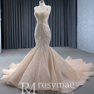 Luxury Beaded Trumpet Wedding Dresswith Spaghetti Strap Formal Gown - Rosymae
