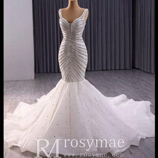 Luxury Beaded Trumpet Wedding Dresswith Spaghetti Strap Formal Gown - Rosymae