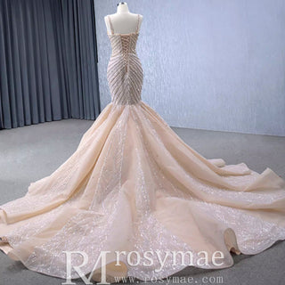 Luxury Beaded Trumpet Wedding Dresswith Spaghetti Strap Formal Gown - Rosymae
