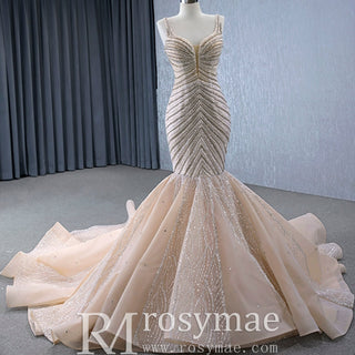Luxury Beaded Trumpet Wedding Dresswith Spaghetti Strap Formal Gown - Rosymae