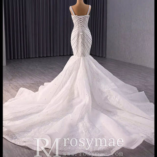 Luxury Beaded Trumpet Wedding Dresswith Spaghetti Strap Formal Gown - Rosymae