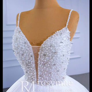 Luxury Beaded Tulle Ball Gown Wedding Dress with Spaghetti Straps - Rosymae