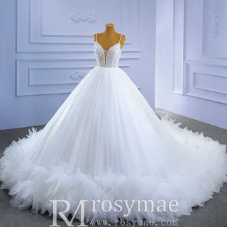 Luxury Beaded Tulle Ball Gown Wedding Dress with Spaghetti Straps - Rosymae