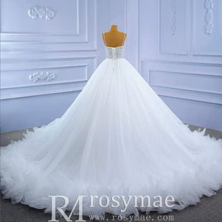 Luxury Beaded Tulle Ball Gown Wedding Dress with Spaghetti Straps - Rosymae