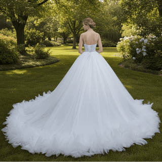 Luxury Beaded Tulle Ball Gown Wedding Dress with Spaghetti Straps - Rosymae