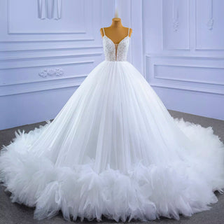 Luxury Beaded Tulle Ball Gown Wedding Dress with Spaghetti Straps - Rosymae