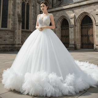 Luxury Beaded Tulle Ball Gown Wedding Dress with Spaghetti Straps - Rosymae