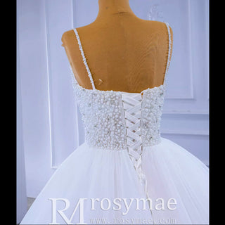 Luxury Beaded Tulle Ball Gown Wedding Dress with Spaghetti Straps - Rosymae