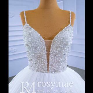 Luxury Beaded Tulle Ball Gown Wedding Dress with Spaghetti Straps - Rosymae