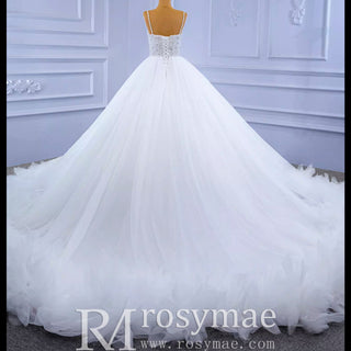 Luxury Beaded Tulle Ball Gown Wedding Dress with Spaghetti Straps - Rosymae