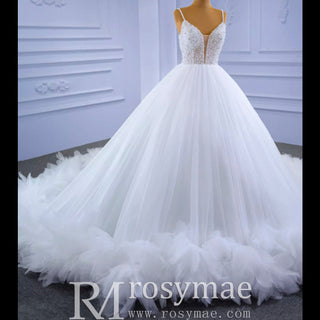 Luxury Beaded Tulle Ball Gown Wedding Dress with Spaghetti Straps - Rosymae
