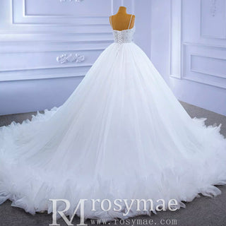 Luxury Beaded Tulle Ball Gown Wedding Dress with Spaghetti Straps - Rosymae