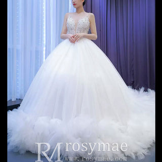 Luxury Beaded Tulle Ball Gown Wedding Dress with Spaghetti Straps - Rosymae