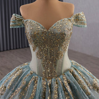 Luxury Blue Quinceañera Dress with Hand-Beaded Gold Lace Appliqués & Sequins - Rosymae