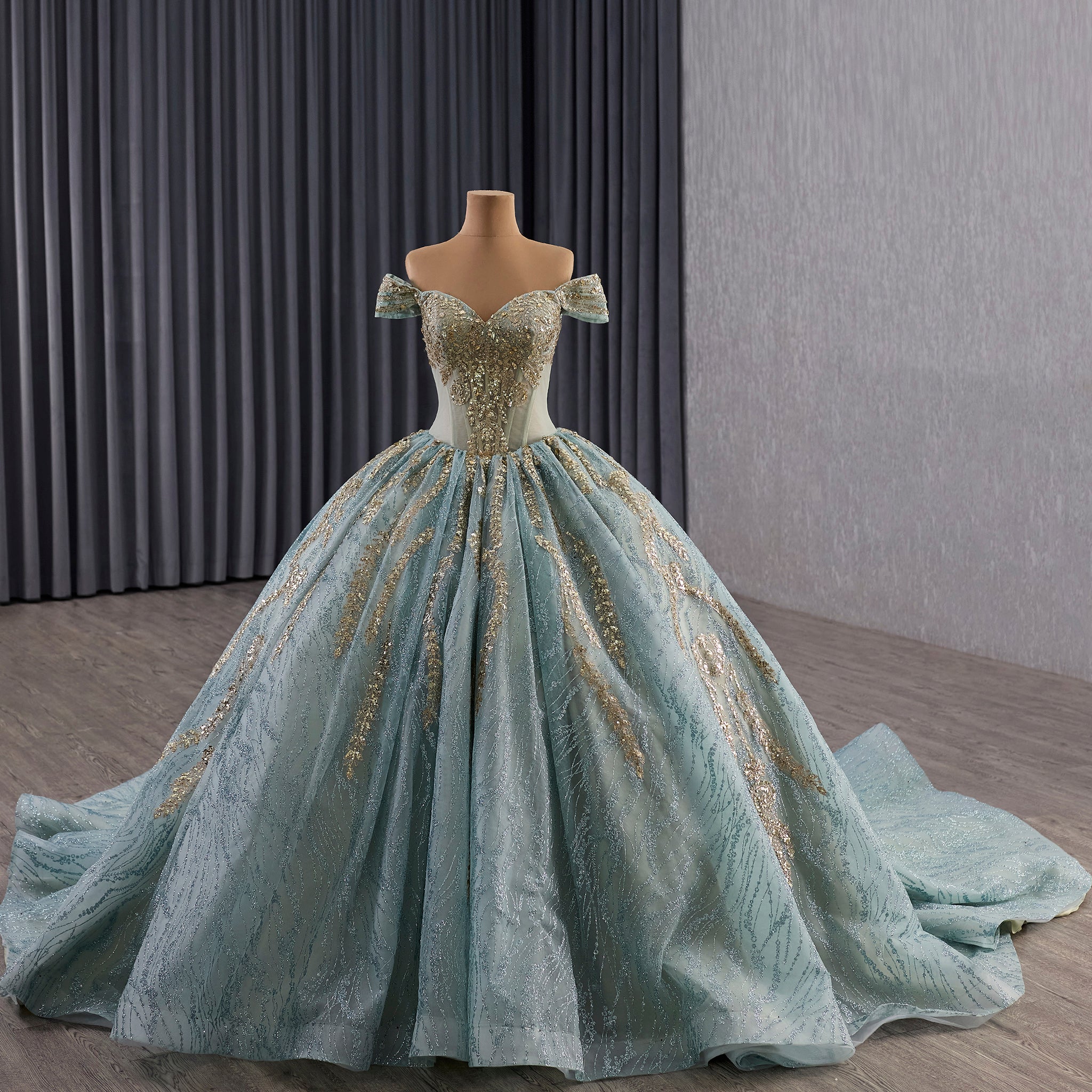Luxury Blue Quinceañera Dress with Hand-Beaded Gold Lace Appliqués & Sequins - Rosymae