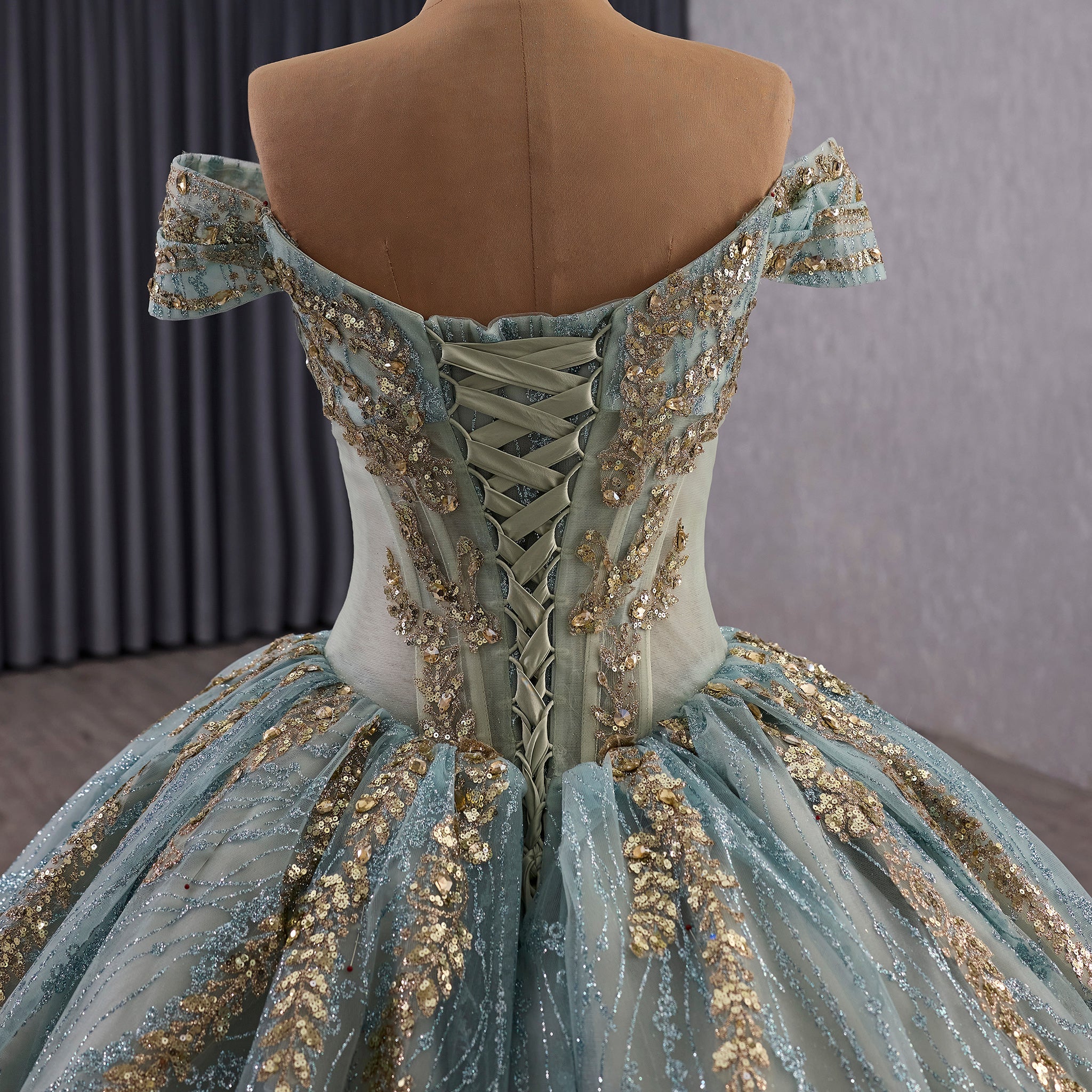 Luxury Blue Quinceañera Dress with Hand-Beaded Gold Lace Appliqués & Sequins - Rosymae