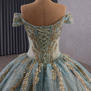 Luxury Blue Quinceañera Dress with Hand-Beaded Gold Lace Appliqués & Sequins - Rosymae