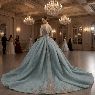 Luxury Blue Quinceañera Dress with Hand-Beaded Gold Lace Appliqués & Sequins - Rosymae