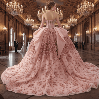 Luxury Blush Puffy 3D Flowers Quinceanera Dress with Detachable Bowknot - Rosymae