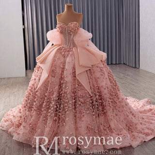 Luxury Blush Puffy 3D Flowers Quinceanera Dress with Detachable Bowknot - Rosymae
