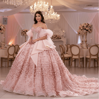Luxury Blush Puffy 3D Flowers Quinceanera Dress with Detachable Bowknot - Rosymae