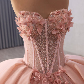 Luxury Blush Puffy 3D Flowers Quinceanera Dress with Detachable Bowknot - Rosymae