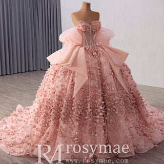 Luxury Blush Puffy 3D Flowers Quinceanera Dress with Detachable Bowknot - Rosymae
