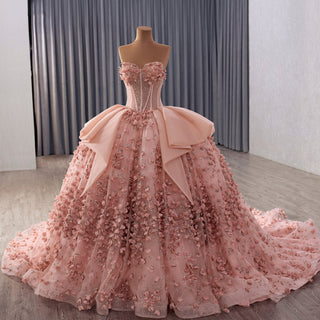 Luxury Blush Puffy 3D Flowers Quinceanera Dress with Detachable Bowknot - Rosymae