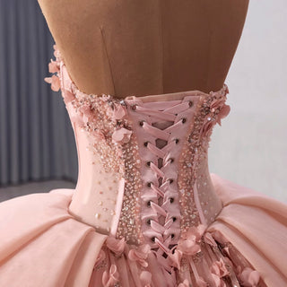 Luxury Blush Puffy 3D Flowers Quinceanera Dress with Detachable Bowknot - Rosymae