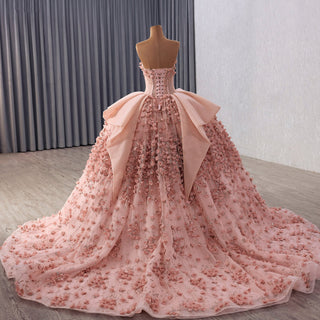 Luxury Blush Puffy 3D Flowers Quinceanera Dress with Detachable Bowknot - Rosymae