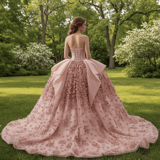 Luxury Blush Puffy 3D Flowers Quinceanera Dress with Detachable Bowknot - Rosymae