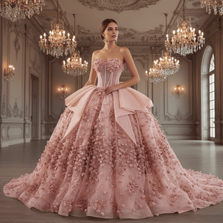 Luxury Blush Puffy 3D Flowers Quinceanera Dress with Detachable Bowknot - Rosymae