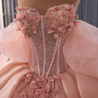 Luxury Blush Puffy 3D Flowers Quinceanera Dress with Detachable Bowknot - Rosymae