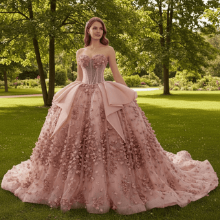 Luxury Blush Puffy 3D Flowers Quinceanera Dress with Detachable Bowknot - Rosymae