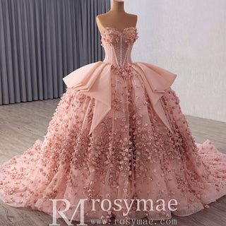 Luxury Blush Puffy 3D Flowers Quinceanera Dress with Detachable Bowknot - Rosymae